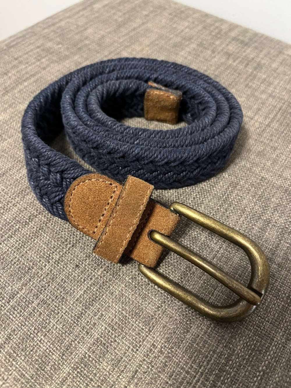Woven Navy Blue Belt with Brown Suede Trim